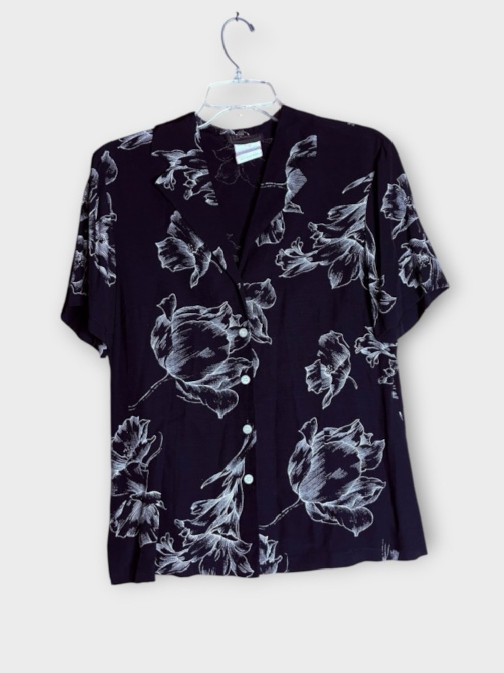 Vintage Louben Black Floral Viscose Blouse Made in Canada